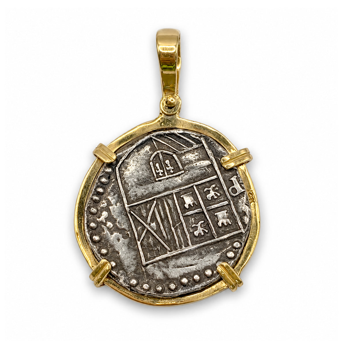 ATOCHA REPLICA SILVER COIN WITH 14K GOLD FRAME PENDANT 2 REALES