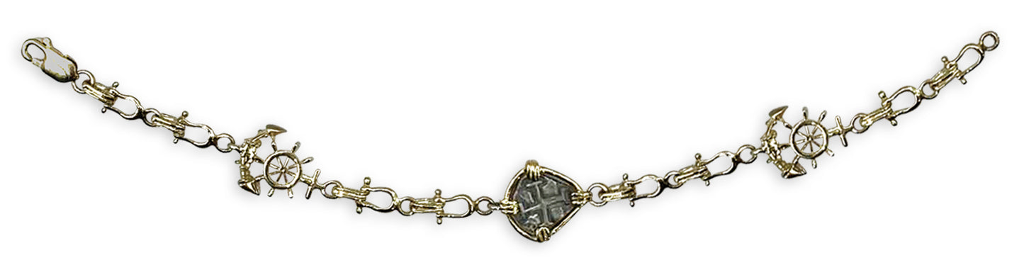 Atocha Coin Bracelet with Shackle Links, Anchor and Ships Wheel in Silver and Gold