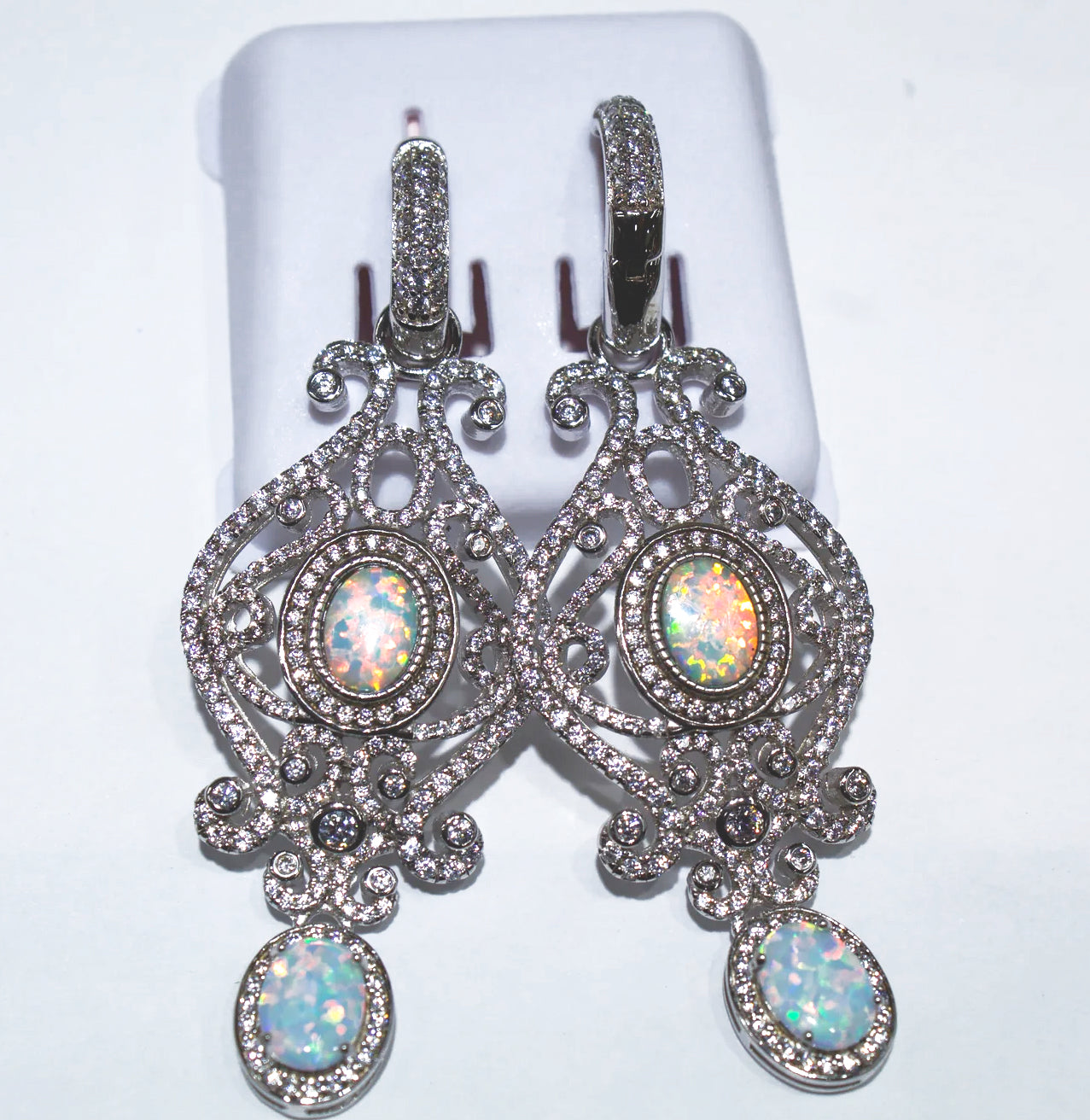 BRILLIANT AND ELEGANT WHITE OPAL EARRINGS WITH WHITE ZIRCON AND BLUE LARIMAR OVER STONES