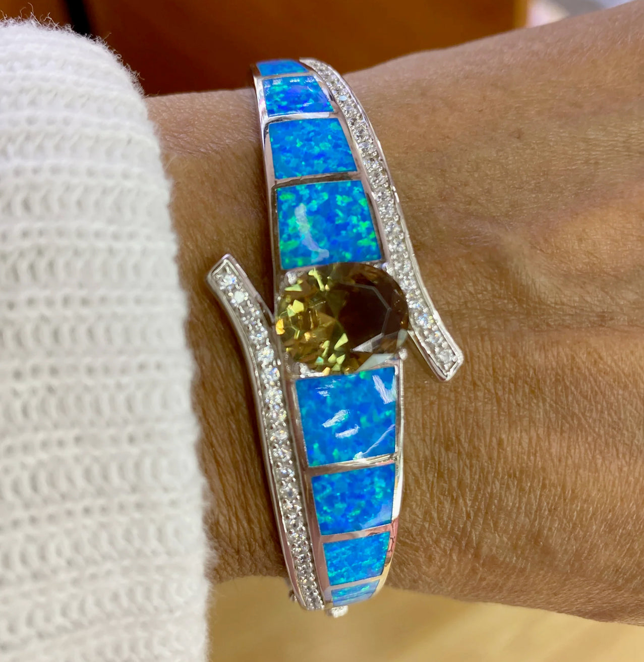 CAYO HUESO BLUE LAB FIRE OPAL WHITE ZIRCON AND LAB ZULTANITE WOMENS CUFF BANGLE BRACELET