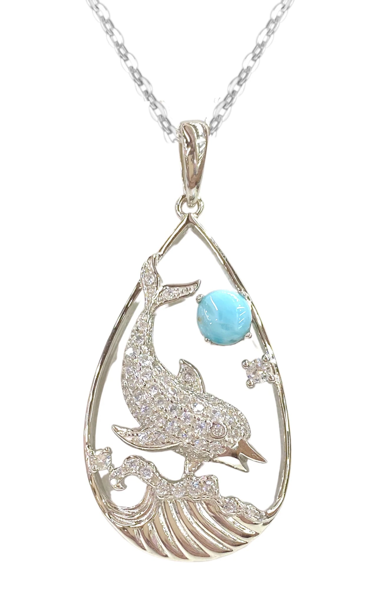 ELEGANT STERLING SILVER DOLPHIN NECKLACE WITH LARIMAR