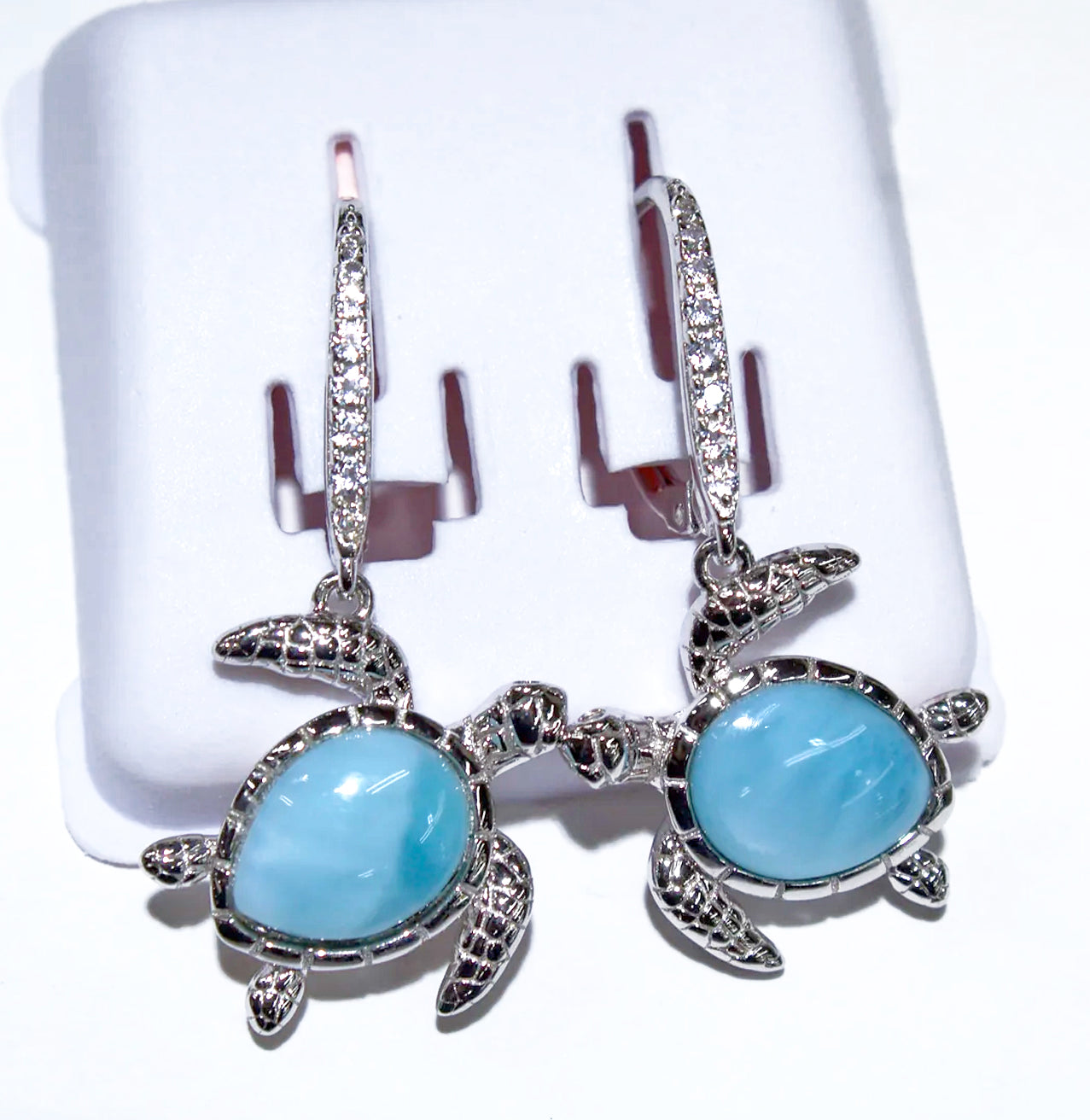 GORGEOUS BLUE LARIMAR AND WHITE TOPAZ TURTLE GEMSTONE EARRINGS
