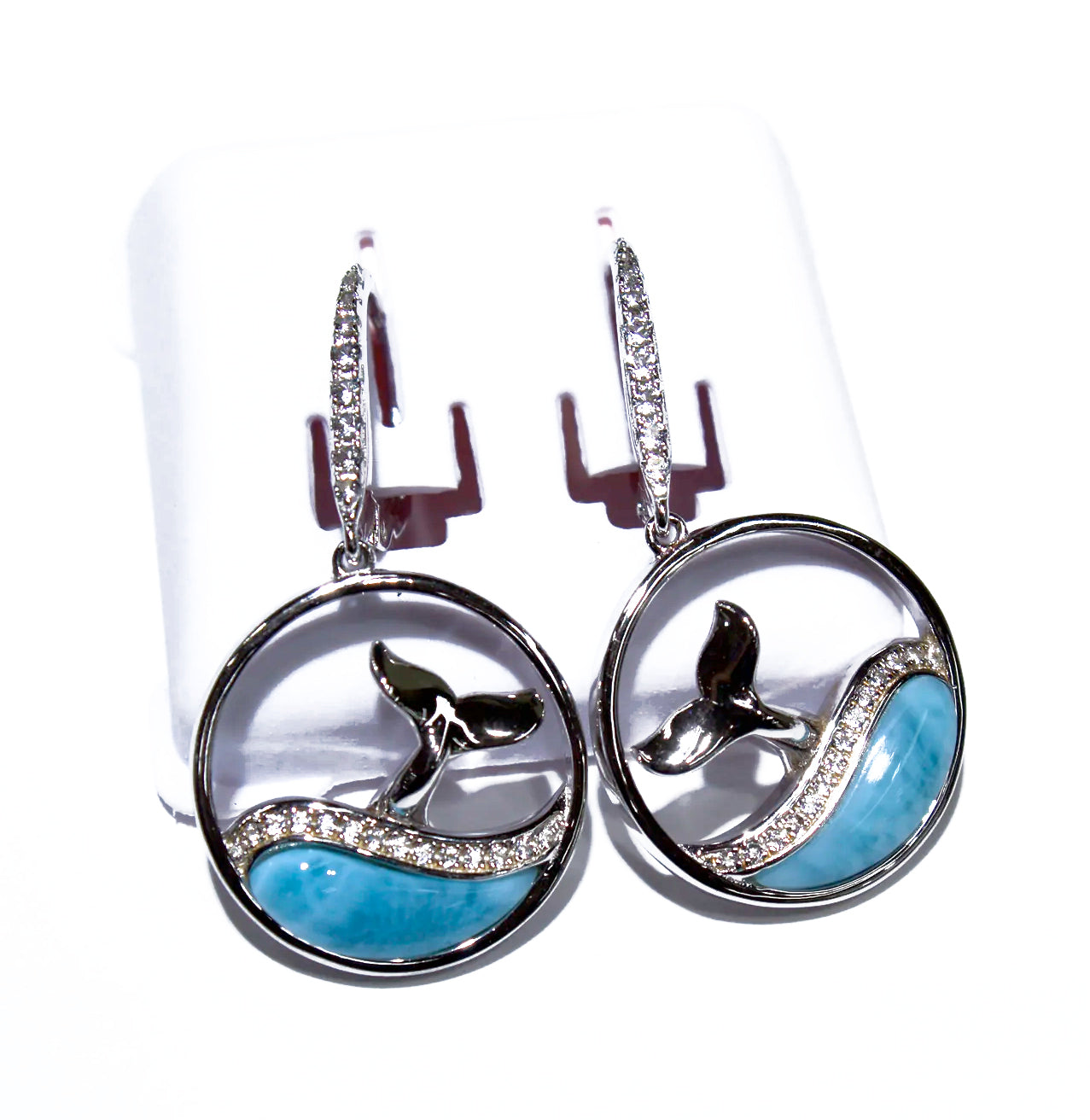 GRACEFUL LARIMAR WHALE TAIL AND WHITE TOPAZ EARRINGS