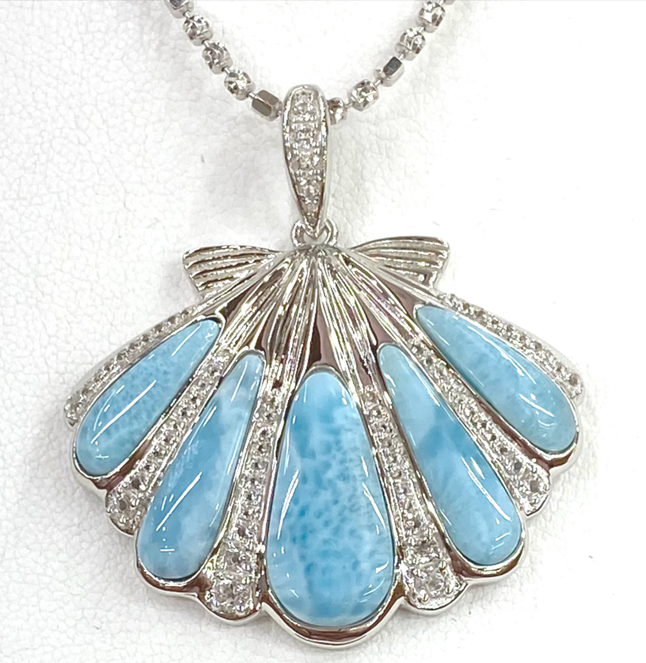 NATURAL STERLING SILVER LARIMAR SEASHELL PENDANT