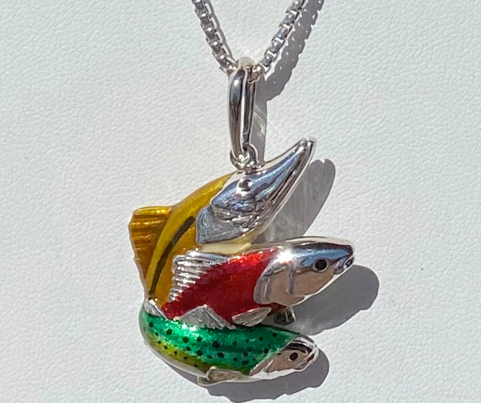 RED YELLOW AND GREEN ENAMELED FISH