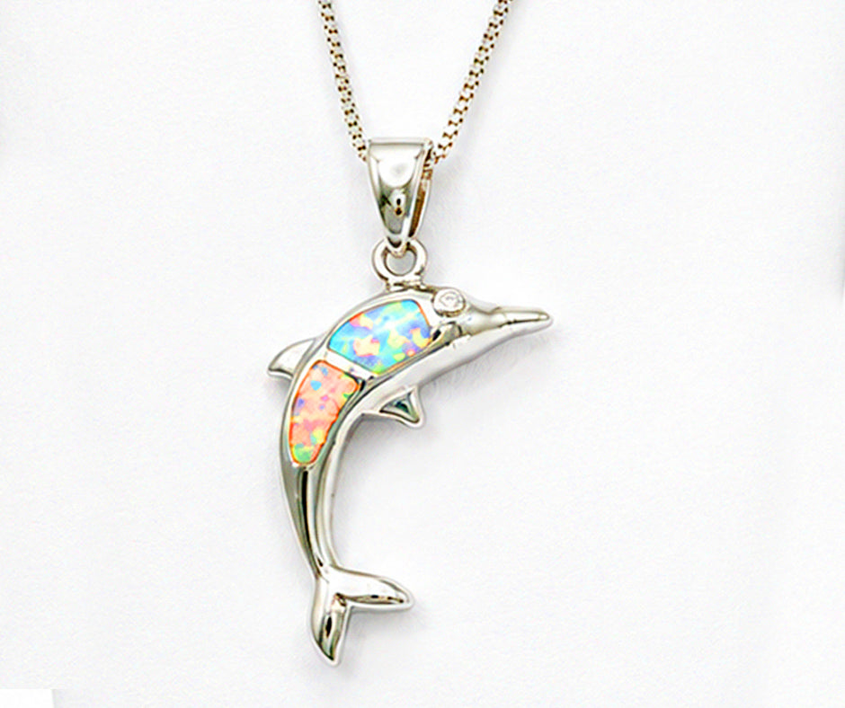 STERLING SILVER DOLPHIN WITH MULTICOLOR LAB OPAL INLAY PENDANT