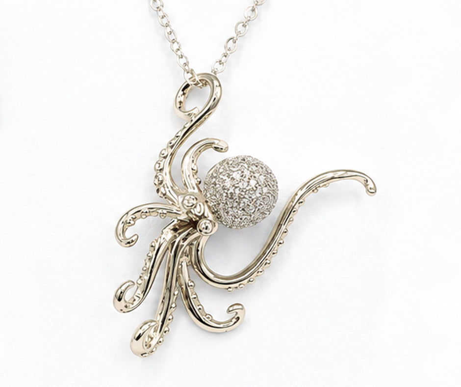 STERLING SILVER OCTOPUS WITH WHITE ZIRCON PENDANT