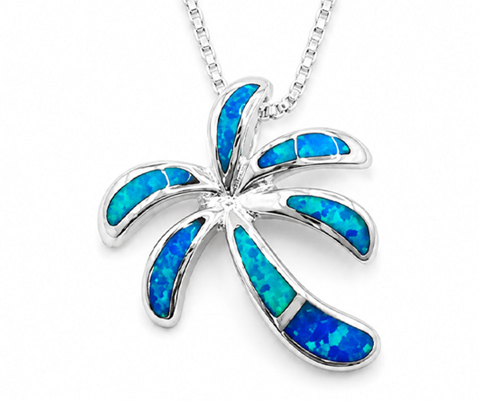 STERLING SILVER PALM TREE WITH BLUE OPAL PENDANT 2