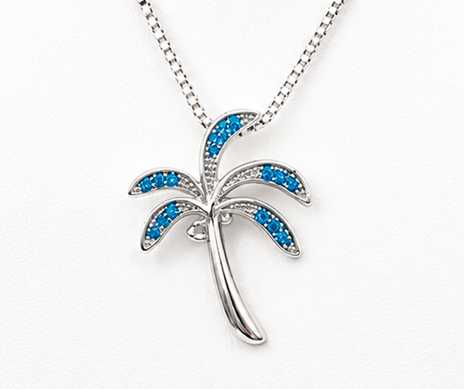 STERLING SILVER PALM TREE WITH BLUE TOPAZ PENDANT