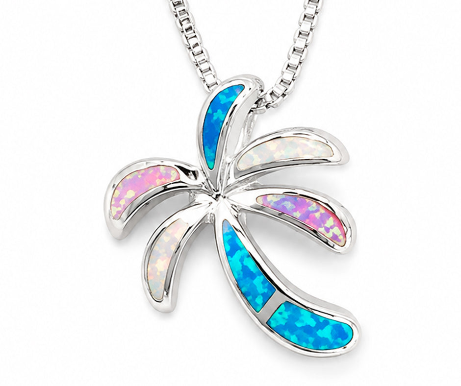 STERLING SILVER PALM TREE WITH MULTICOLOR OPALS PENDANT