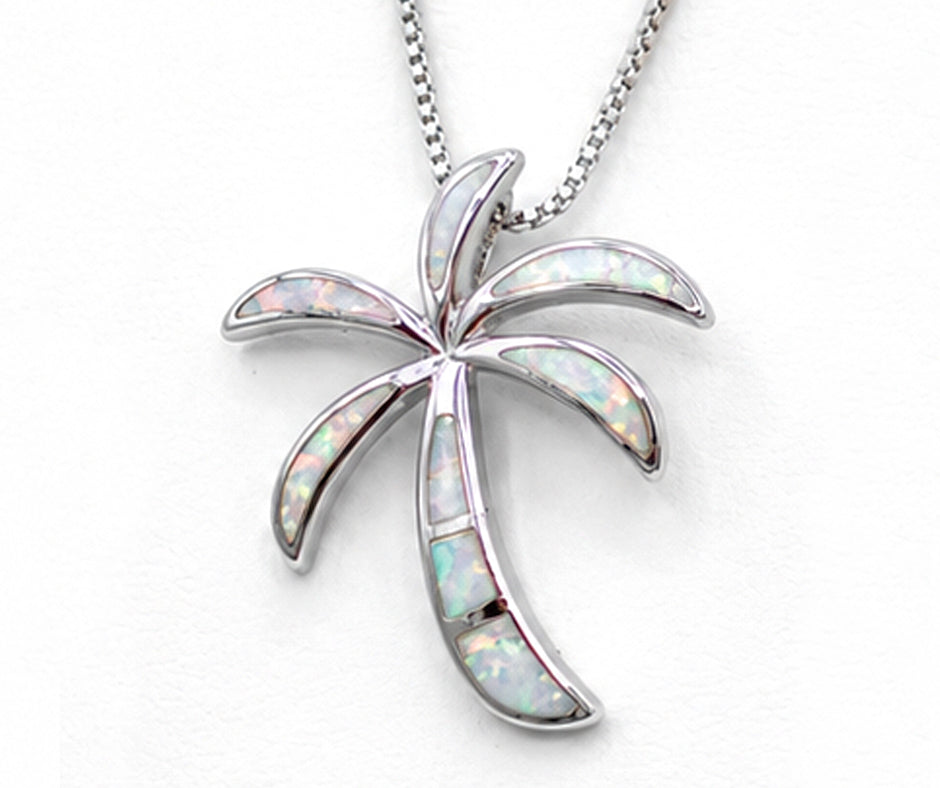 STERLING SILVER PALM TREE WITH WHITE OPAL PENDANT