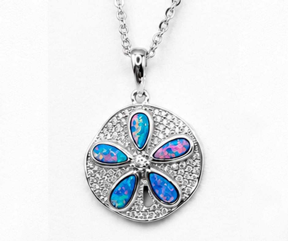 STERLING SILVER SAND DOLLAR WITH MULTICOLOR OPAL AND WHITE ZIRCON PENDANT