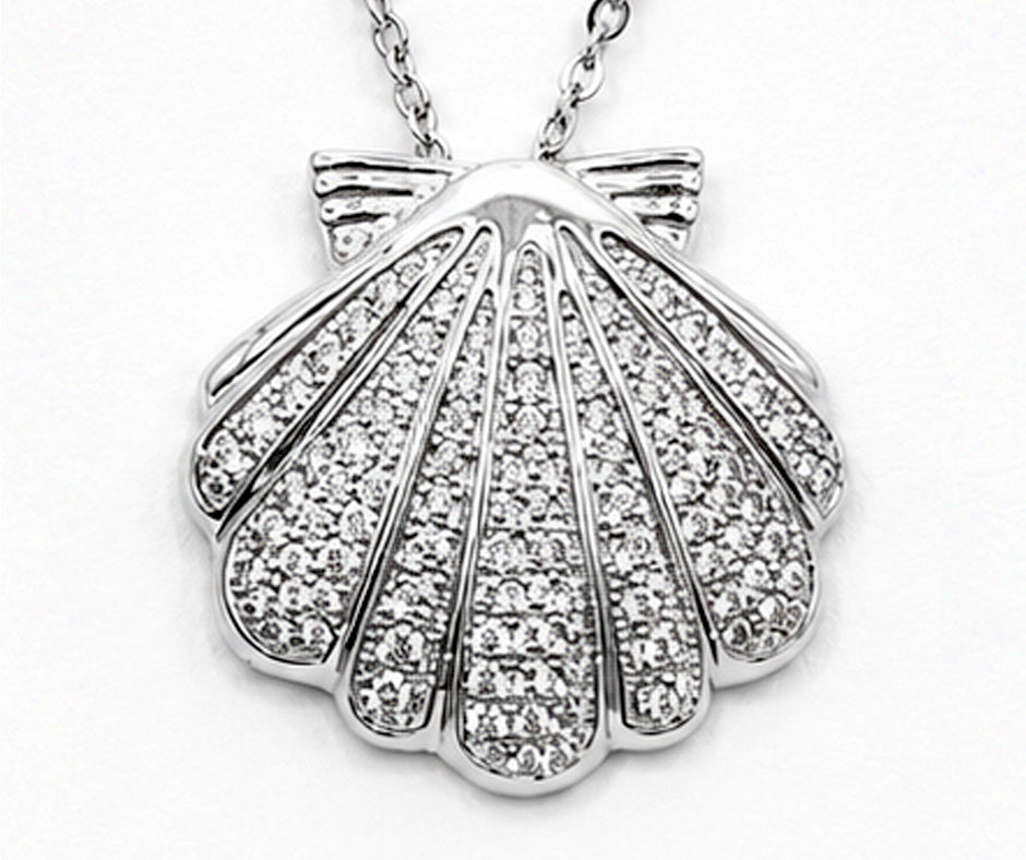STERLING SILVER SEA SHELL WITH WHITE ZIRCON PENDANT