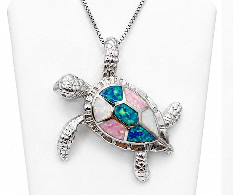 STERLING SILVER SEA TURTLE WITH MULTICOLOR OPAL PENDANT