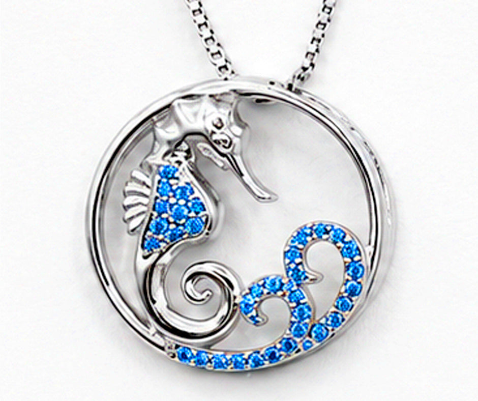 STERLING SILVER SEAHORSE WITH BLUE ZIRCON PENDANT