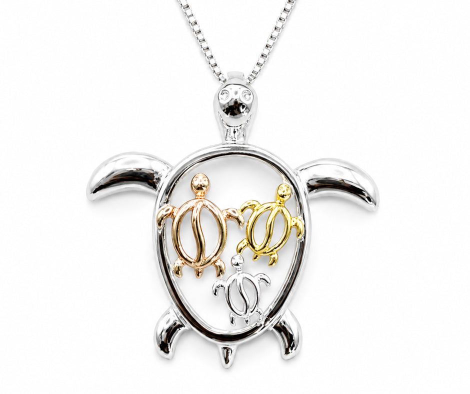STERLING SILVER TURTLE WITH GOLD AND ROSE GOLD TURTLES 2 PENDANT