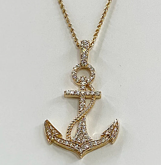 14K GOLD ANCHOR PENDANT WITH 1 CT DIAMONDS