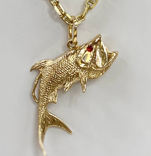 14K GOLD JUMPING OPEN MOUTH TARPON WITH FIERCE RED RUBY EYE