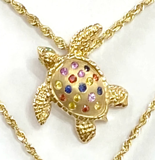 14K YELLOW GOLD MULTI-COLOR SAPPHIRE TURTLE