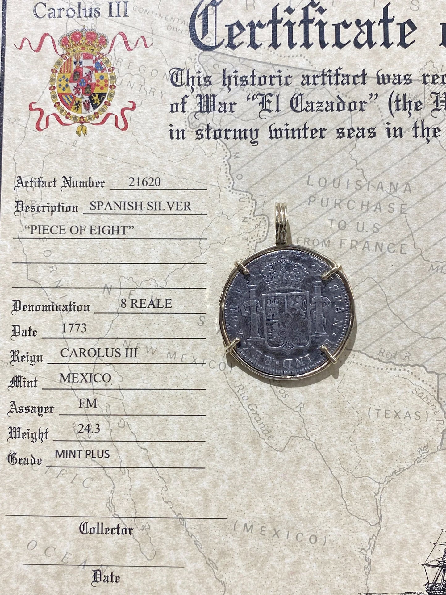 8 REALE MEXICO CITY MINT PLUS SILVER BEZEL PIECE OF EIGHT TREASURE COIN PENDANT ARTIFACT 21620