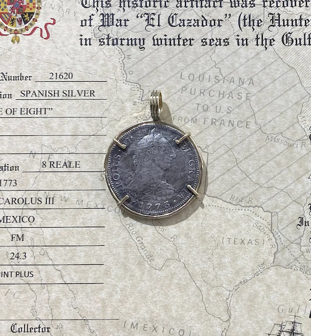 8 REALE MEXICO CITY MINT PLUS SILVER BEZEL PIECE OF EIGHT TREASURE COIN PENDANT ARTIFACT 21620