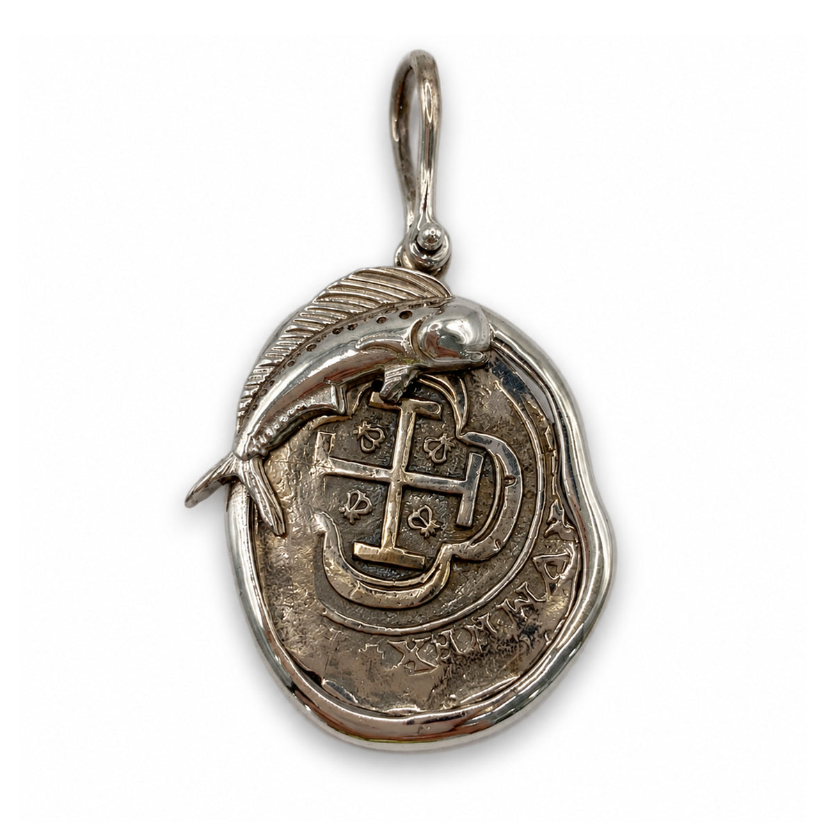 ATOCHA REPLICA SILVER COIN PENDANT WITH MAHI MAHI 4 REALES
