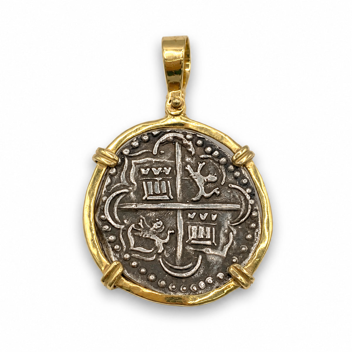 ATOCHA REPLICA SILVER COIN WITH 14K GOLD FRAME PENDANT 2 REALES