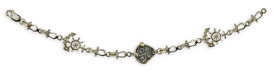 Atocha Coin Bracelet with Shackle Links, Anchor and Ships Wheel in Silver and Gold
