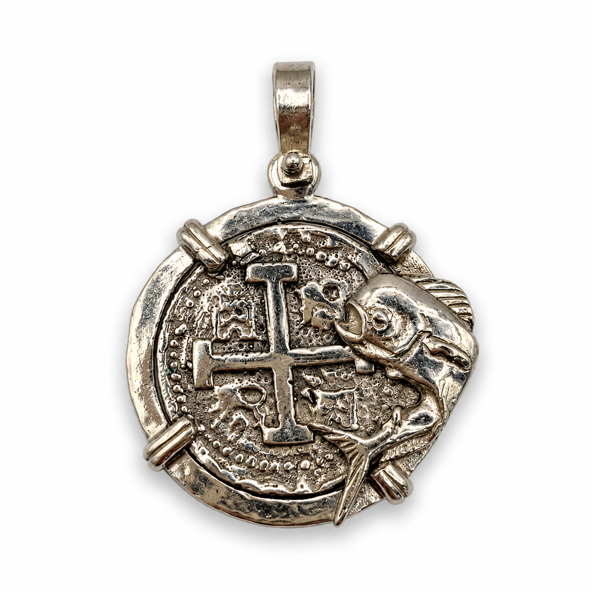 ATOCHA REPLICA SILVER COIN PENDANT WITH MAHI MAHI 2 REALES