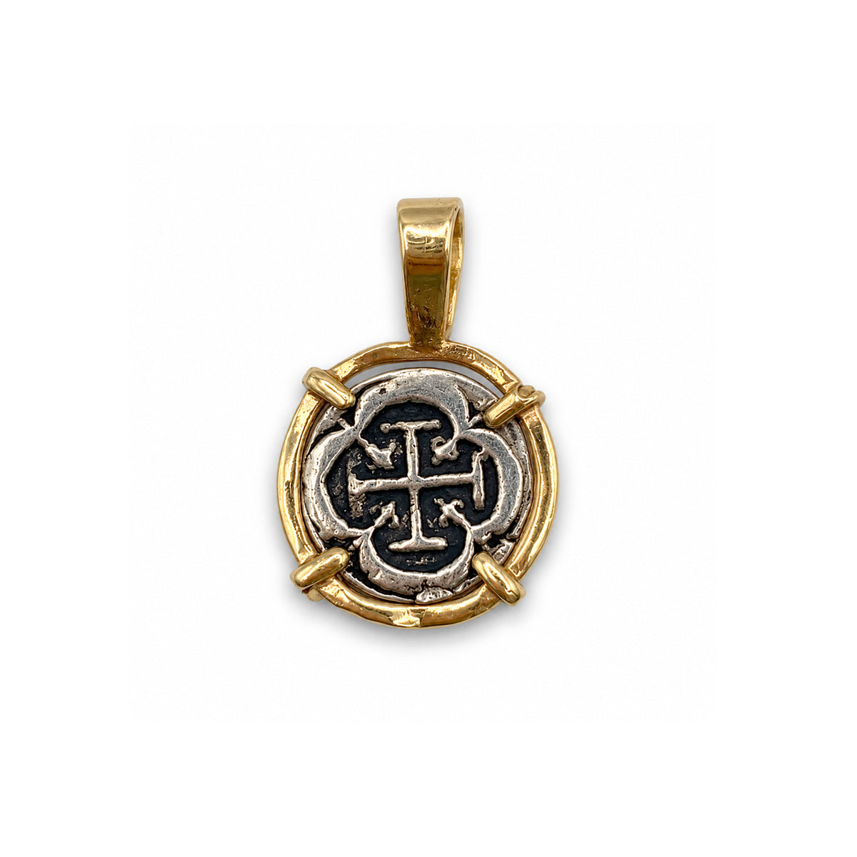 ATOCHA REPLICA SILVER COIN WITH 14K GOLD FRAME PENDANT ½ REALES