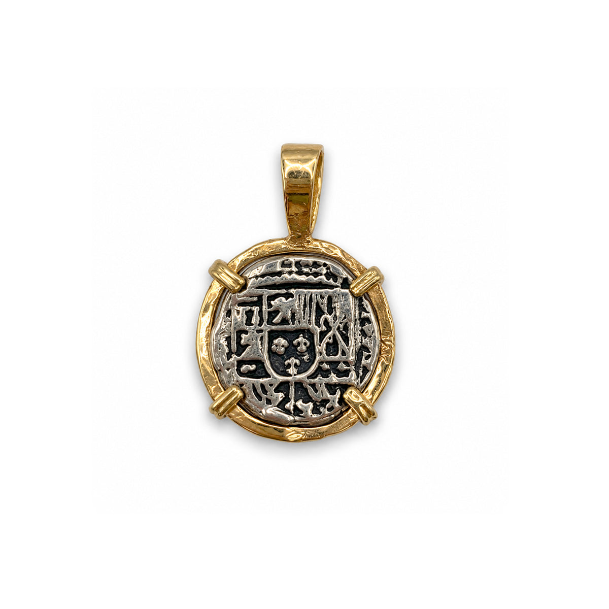 ATOCHA REPLICA SILVER COIN WITH 14K GOLD FRAME PENDANT ½ REALES
