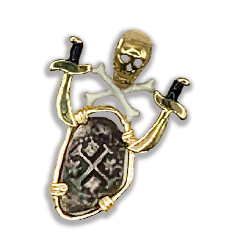 ATOCHA COIN PENDANT WITH SWORDS, SKULL AND CROSSBONES