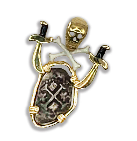 ATOCHA COIN PENDANT WITH SWORDS, SKULL AND CROSSBONES