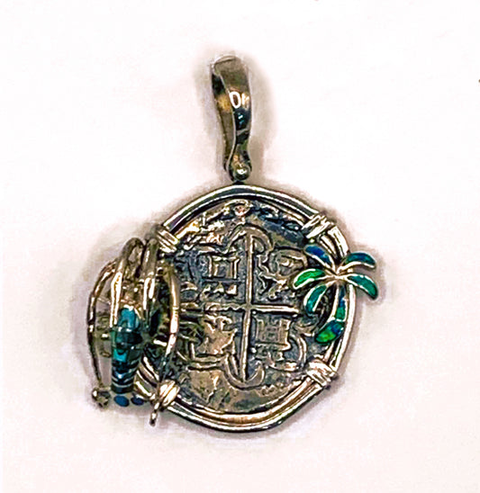 ATOCHA COIN PENDANT WITH EMERALD LOBSTER AND PALM TREE