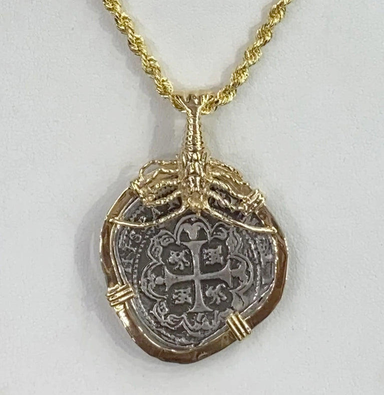 ATOCHA COIN SHIPWRECK NECKLACE PENDANT TOPPED WITH 14K GOLD LOBSTER