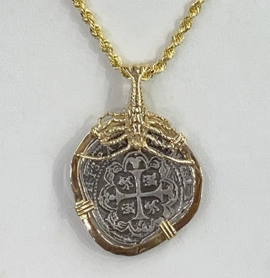 ATOCHA COIN SHIPWRECK NECKLACE PENDANT TOPPED WITH 14K GOLD LOBSTER