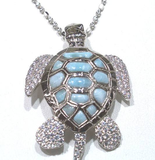 BEAUTIFUL LARGE TURTLE PENDANT NECKLACE WITH BLUE LARIMAR AND WHITE ZIRCON