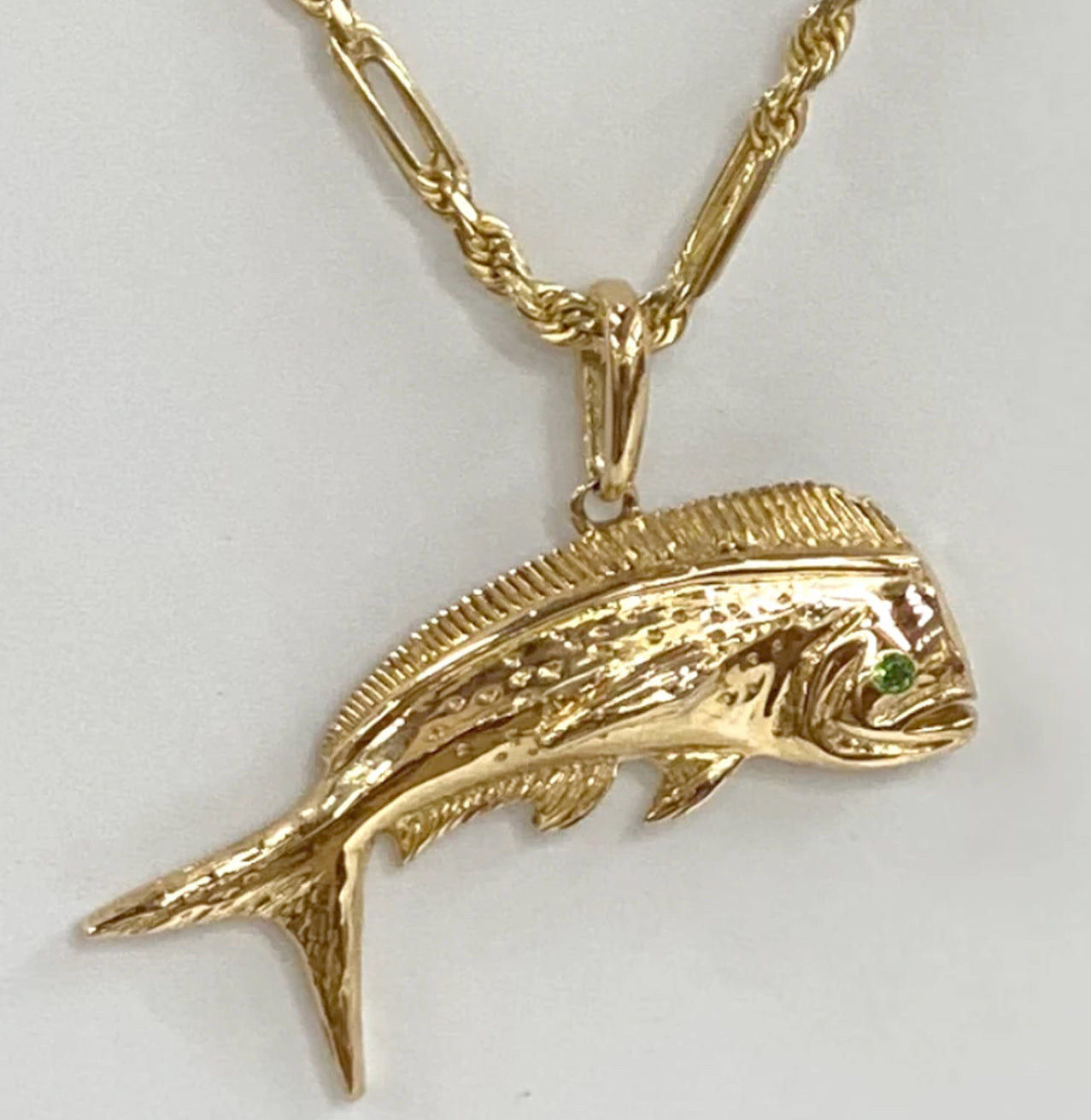 BRIGHT 14 K GOLD DOLPHIN FISH WITH EMERALD EYE