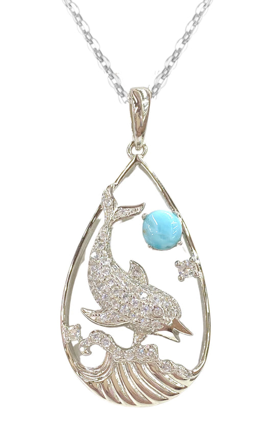 ELEGANT STERLING SILVER DOLPHIN NECKLACE WITH LARIMAR