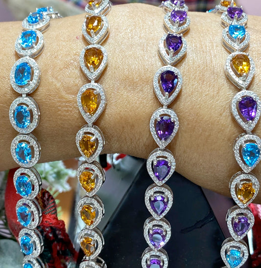 ELEGANT BLUE TOPAZ, CITRINE AND PURPLE AMETHYST TENNIS BRACELETS
