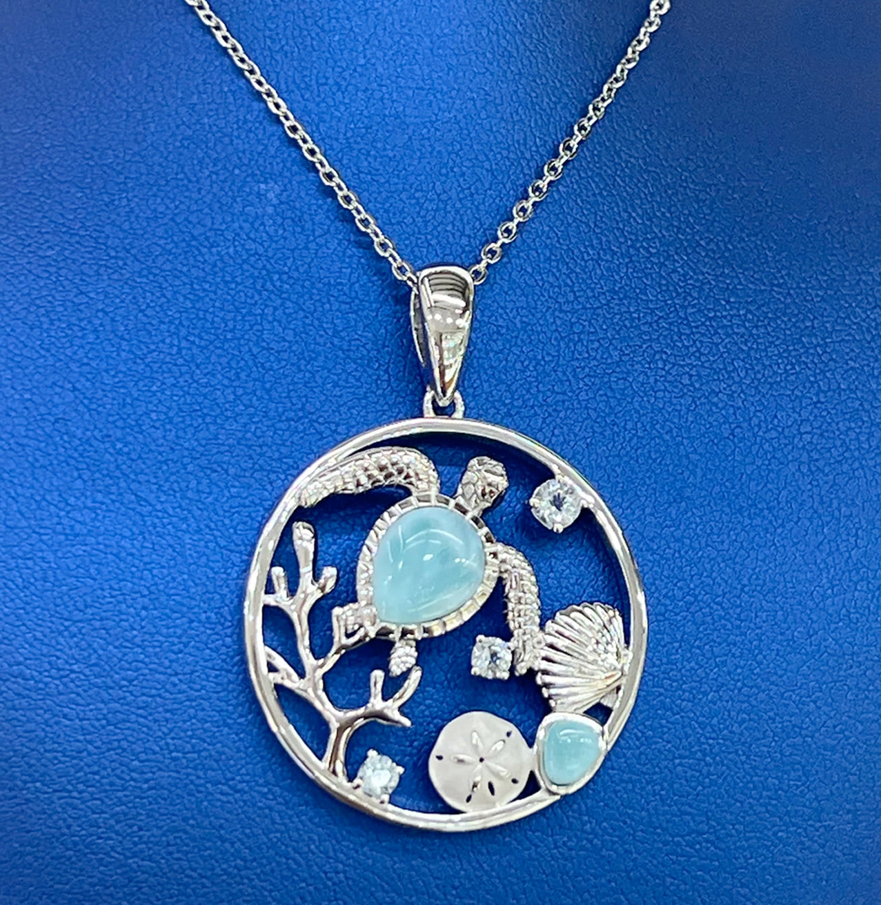 ENCHANTING OCEAN WONDERS NECKLACE - SEA TURTLE WITH LARIMAR GEMS, SEA SHELL, AND SAND DOLLAR ACCENTS