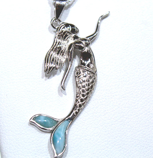 GORGEOUS SILVER MERMAID WITH BLUE LARIMAR FINS