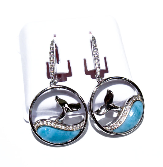 GRACEFUL LARIMAR WHALE TAIL AND WHITE TOPAZ EARRINGS