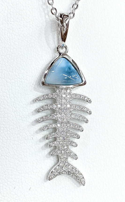 INTRICATE BLUE LARIMAR GEMSTONE AND WHITE ZIRCON FISH PENDANT