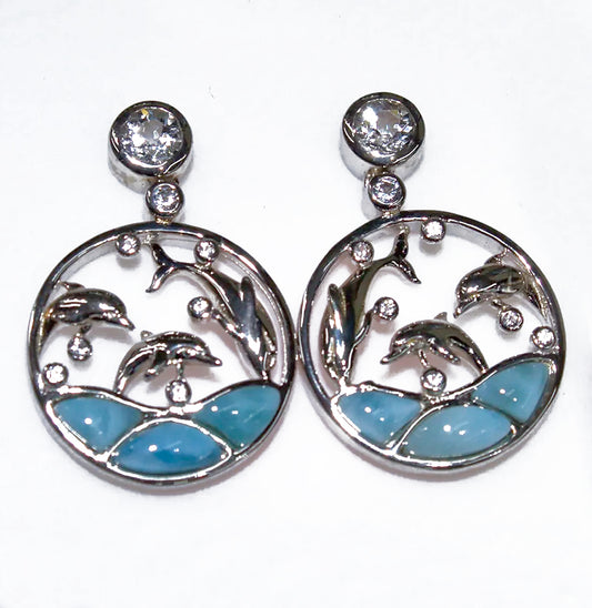 INTRICATE JUMPING DOLPHINS LARIMAR AND WHITE TOPAZ EARRINGS
