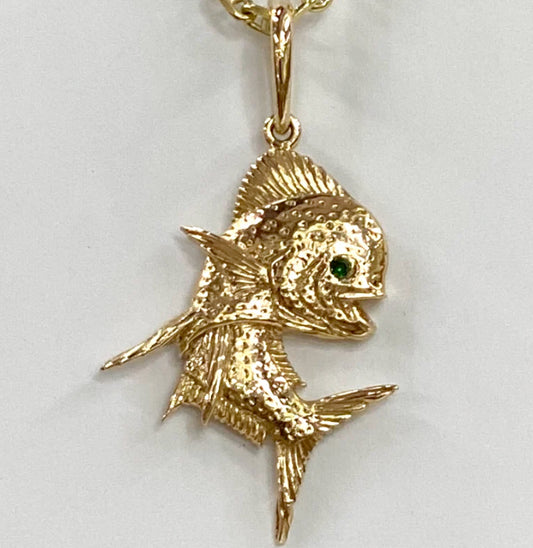 JUMPING 14K GOLD DOLPHIN FISH WITH EMERALD EYE