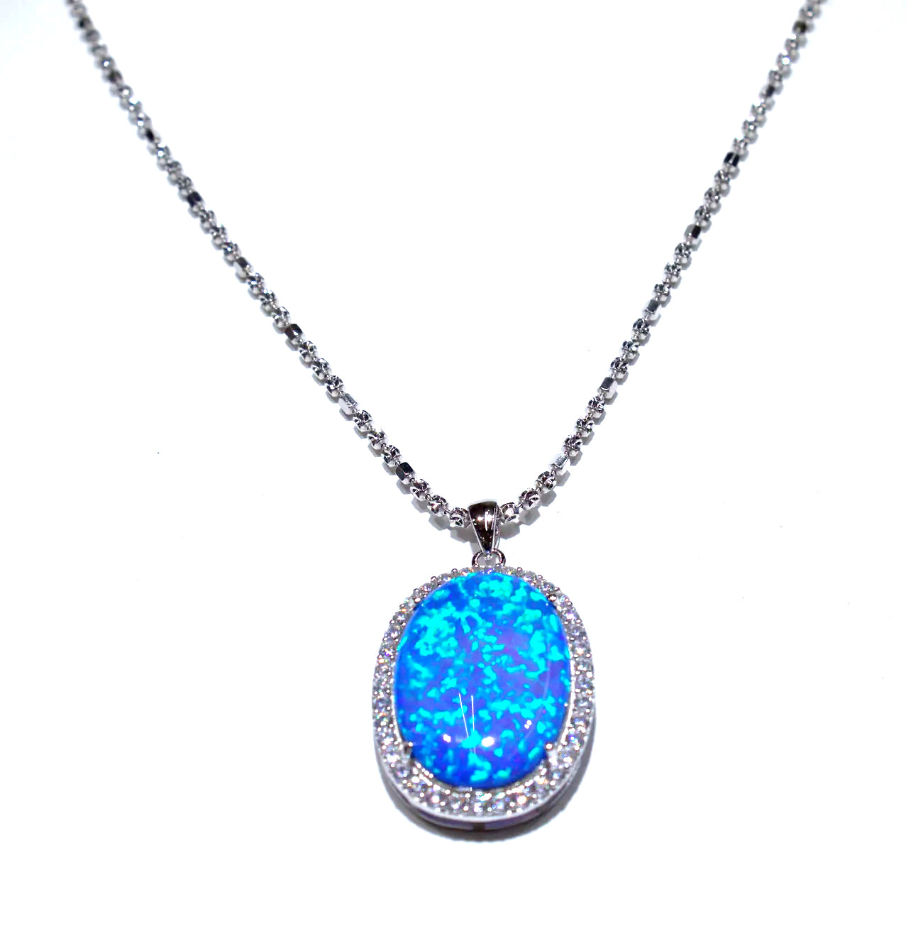 LARGE BLUE OPAL STONE NECKLACE WITH WHITE TOPAZ