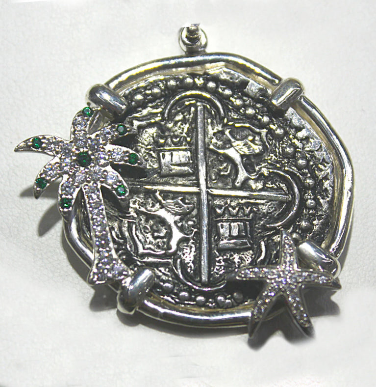 ONE OF A KIND  ATOCHA COIN PENDANT WITH PALM TREE AND STARFISH
