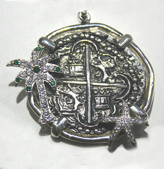 ONE OF A KIND  ATOCHA COIN PENDANT WITH PALM TREE AND STARFISH