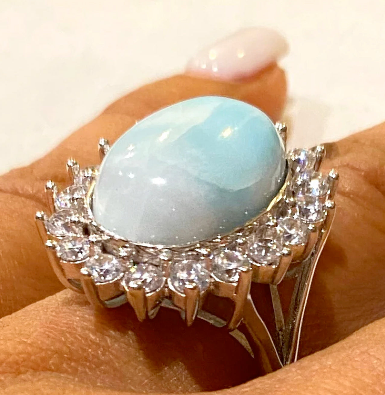 OVAL LARIMAR RING IN STERLING SILVER WITH WHITE CUBIC ZIRCON